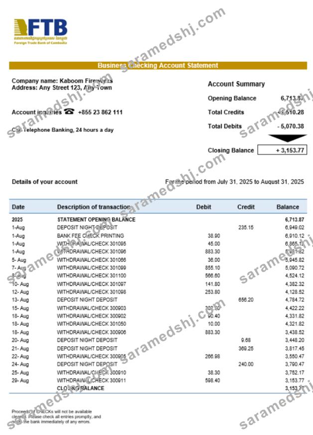 Foreign Trade Bank of Cambodian business bank statement Word and PDF format